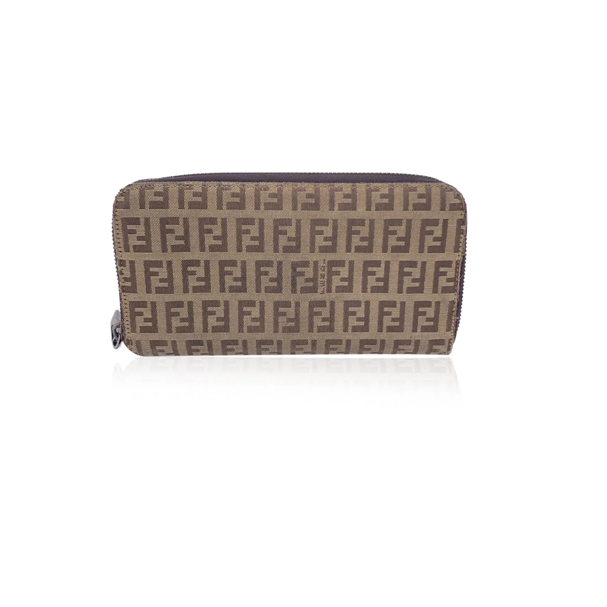 Fendi Beige Zucchino Monogram Canvas Zip Long Wallet Coin Purse