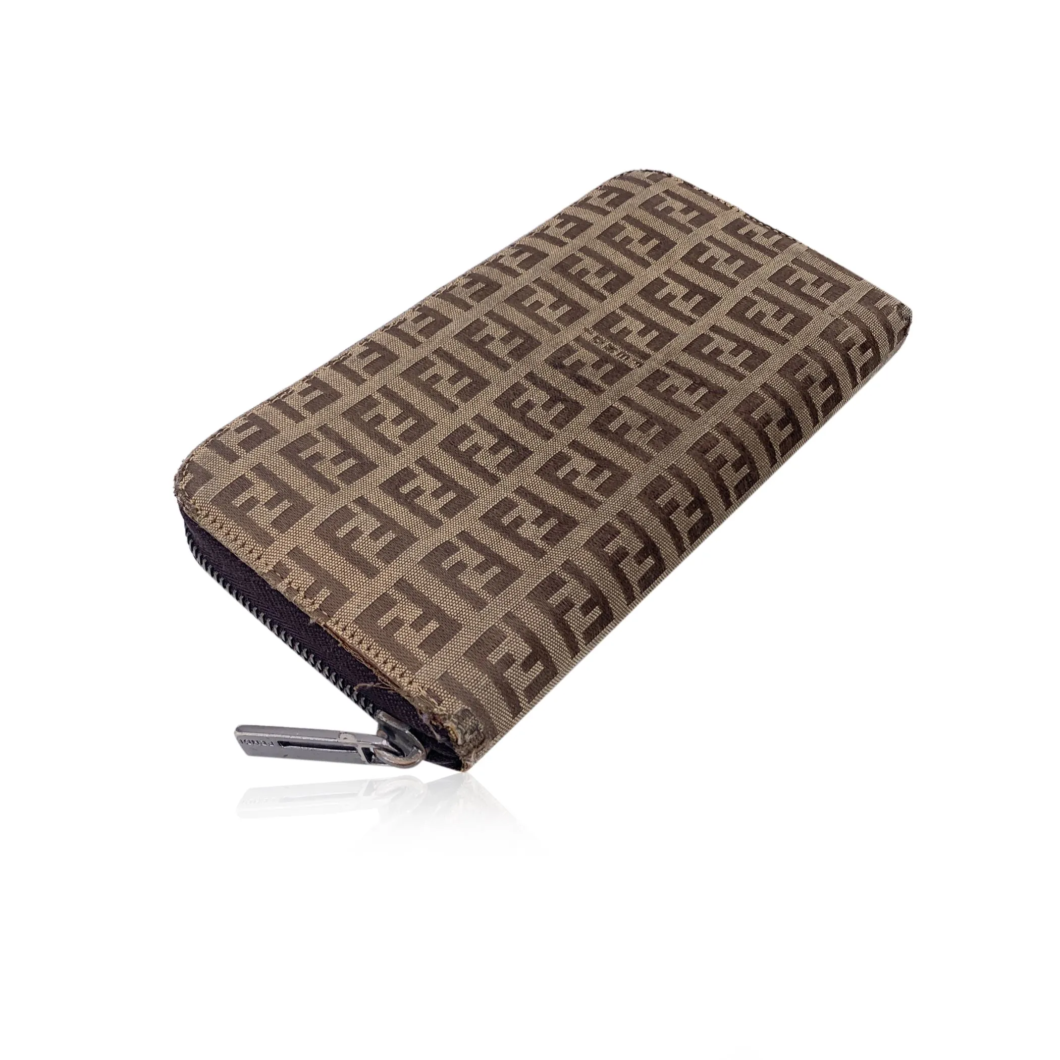 Fendi Beige Zucchino Monogram Canvas Zip Long Wallet Coin Purse