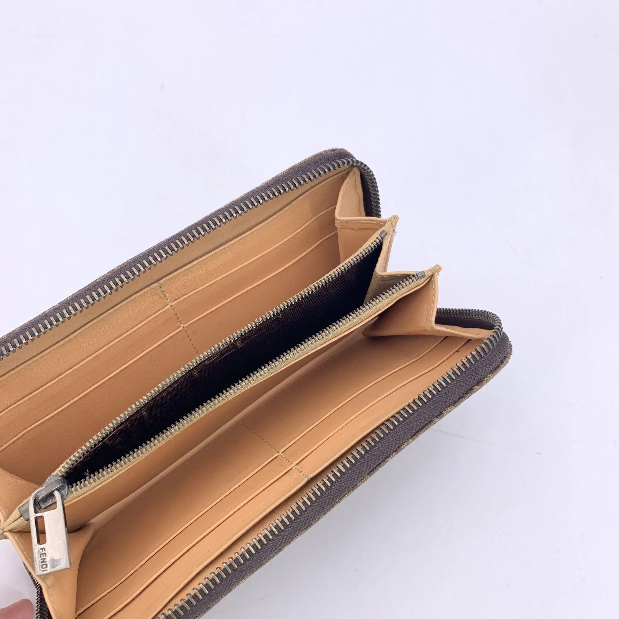 Fendi Beige Zucchino Monogram Canvas Zip Long Wallet Coin Purse