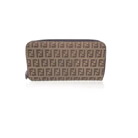 Fendi Beige Zucchino Monogram Canvas Zip Long Wallet Coin Purse