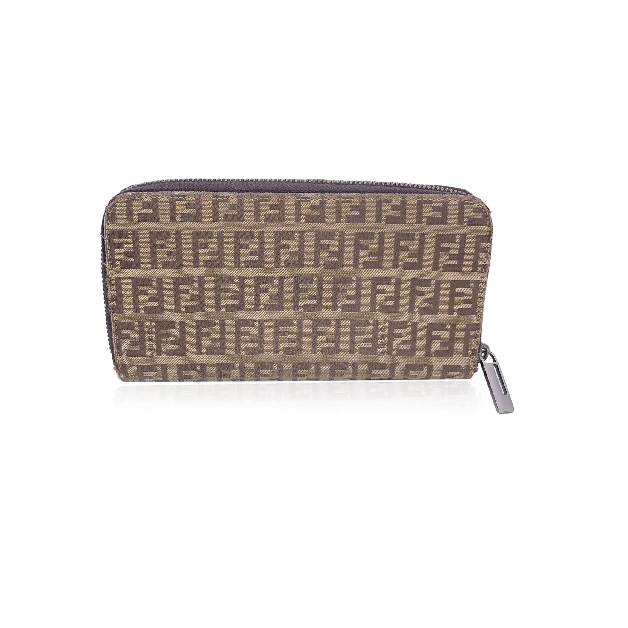 Fendi Beige Zucchino Monogram Canvas Zip Long Wallet Coin Purse