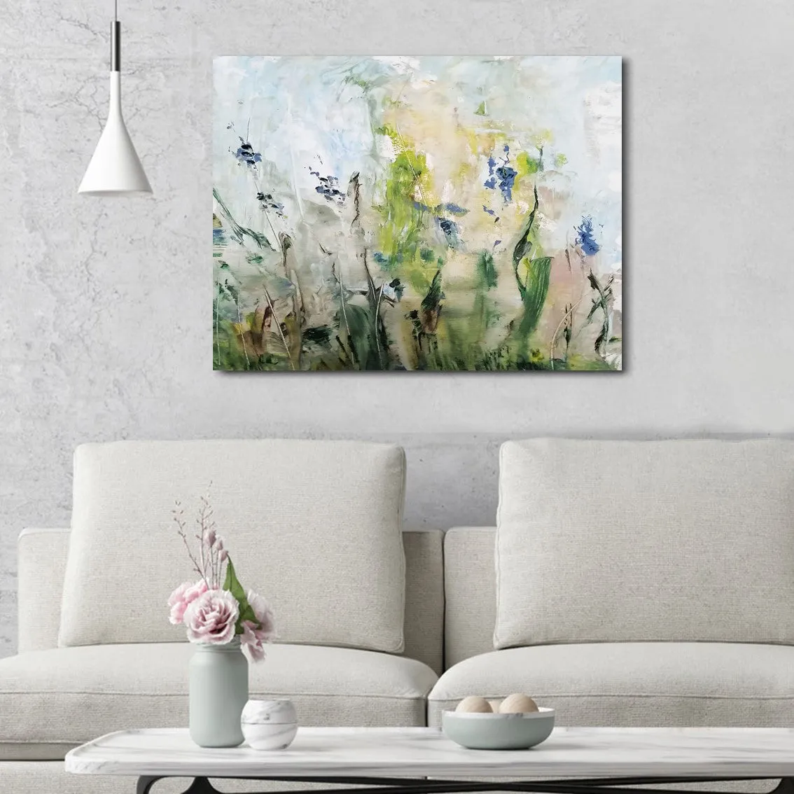 Framed horizontal blue & green abstract floral wall art print