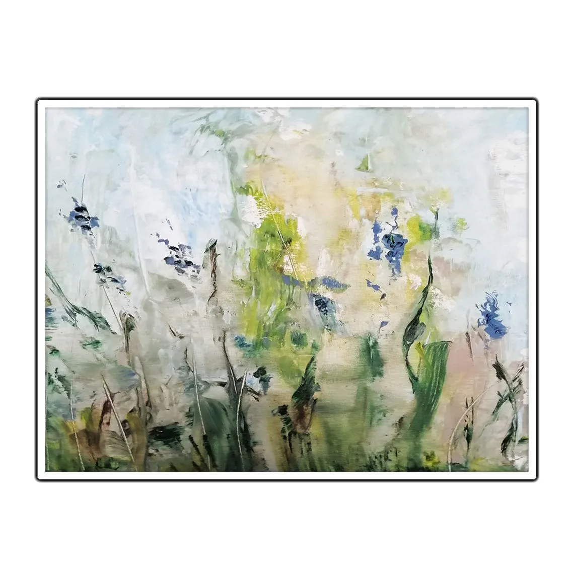 Framed horizontal blue & green abstract floral wall art print