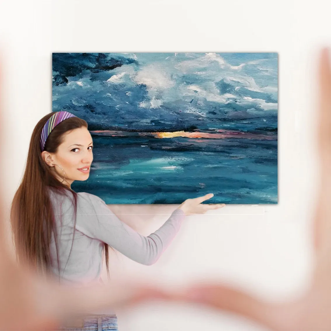 Framed horizontal blue & pink abstract seascape wall art print