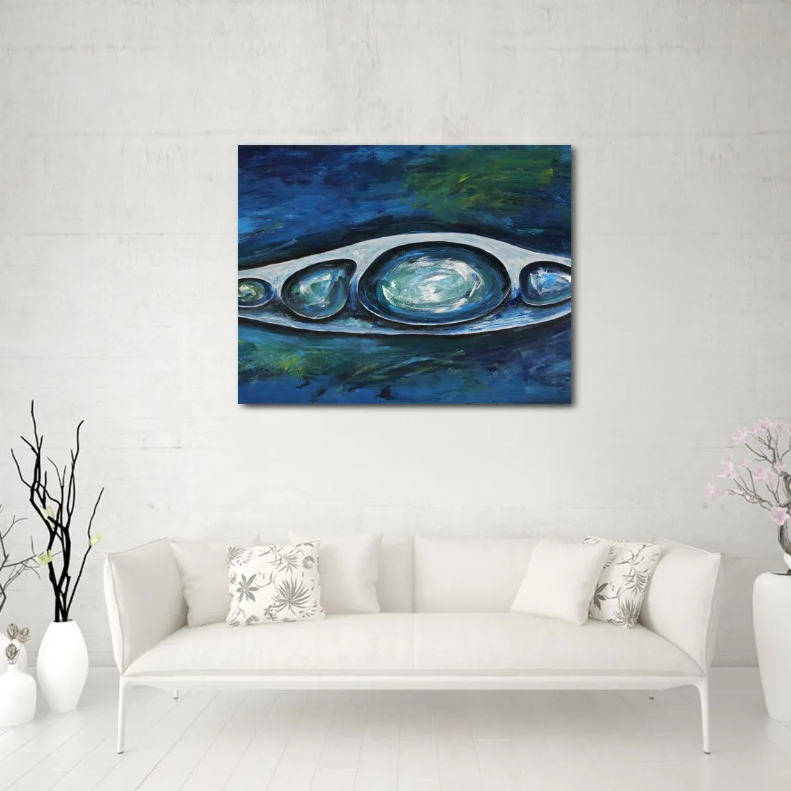 Framed horizontal blue & white abstract wall art print