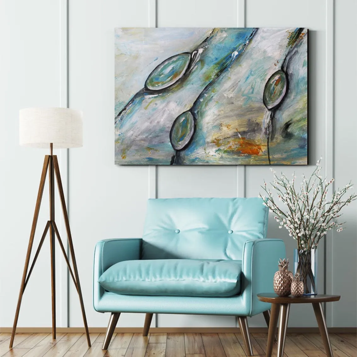 Framed horizontal neutral & blue abstract wall art print