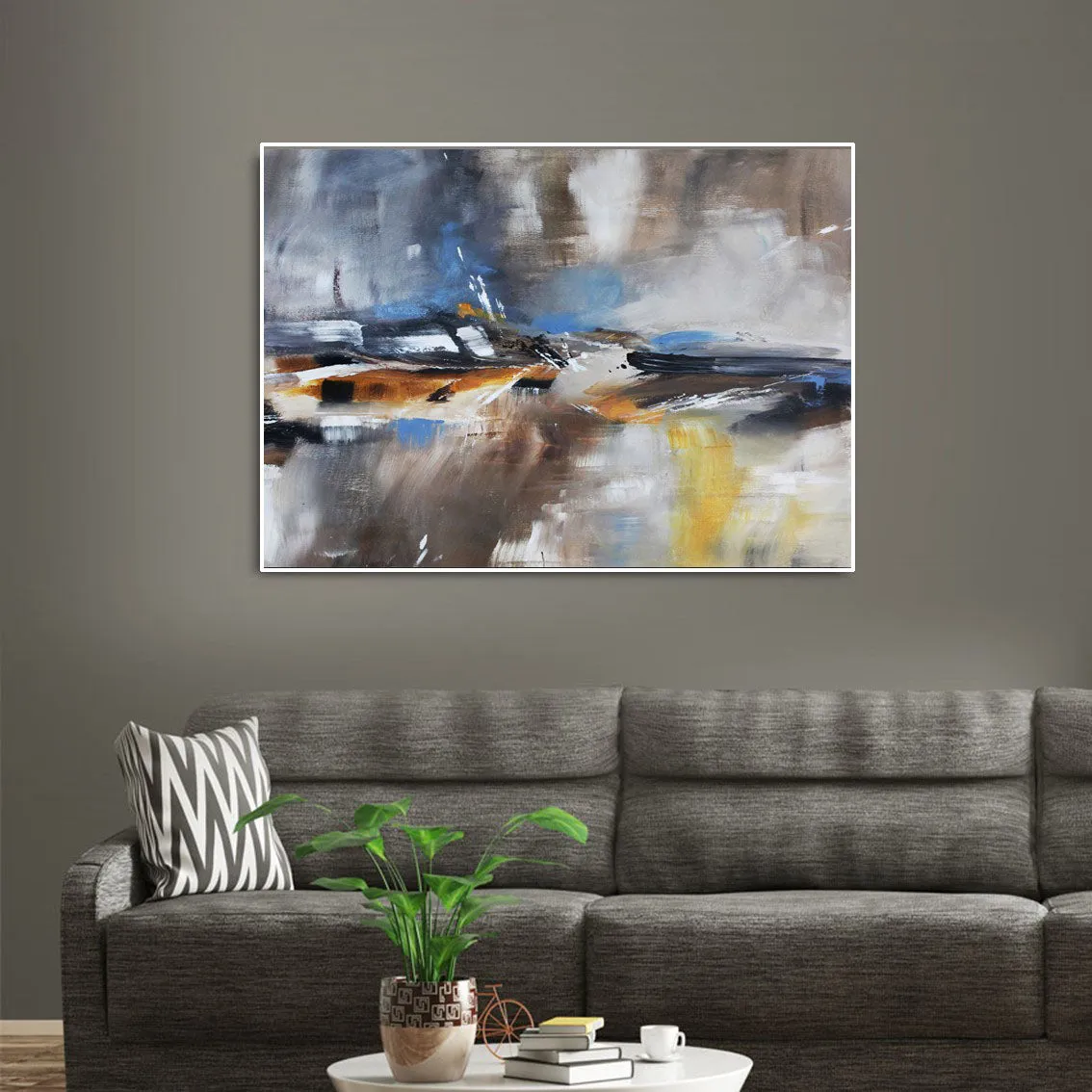 Framed horizontal neutral & orange abstract wall art print