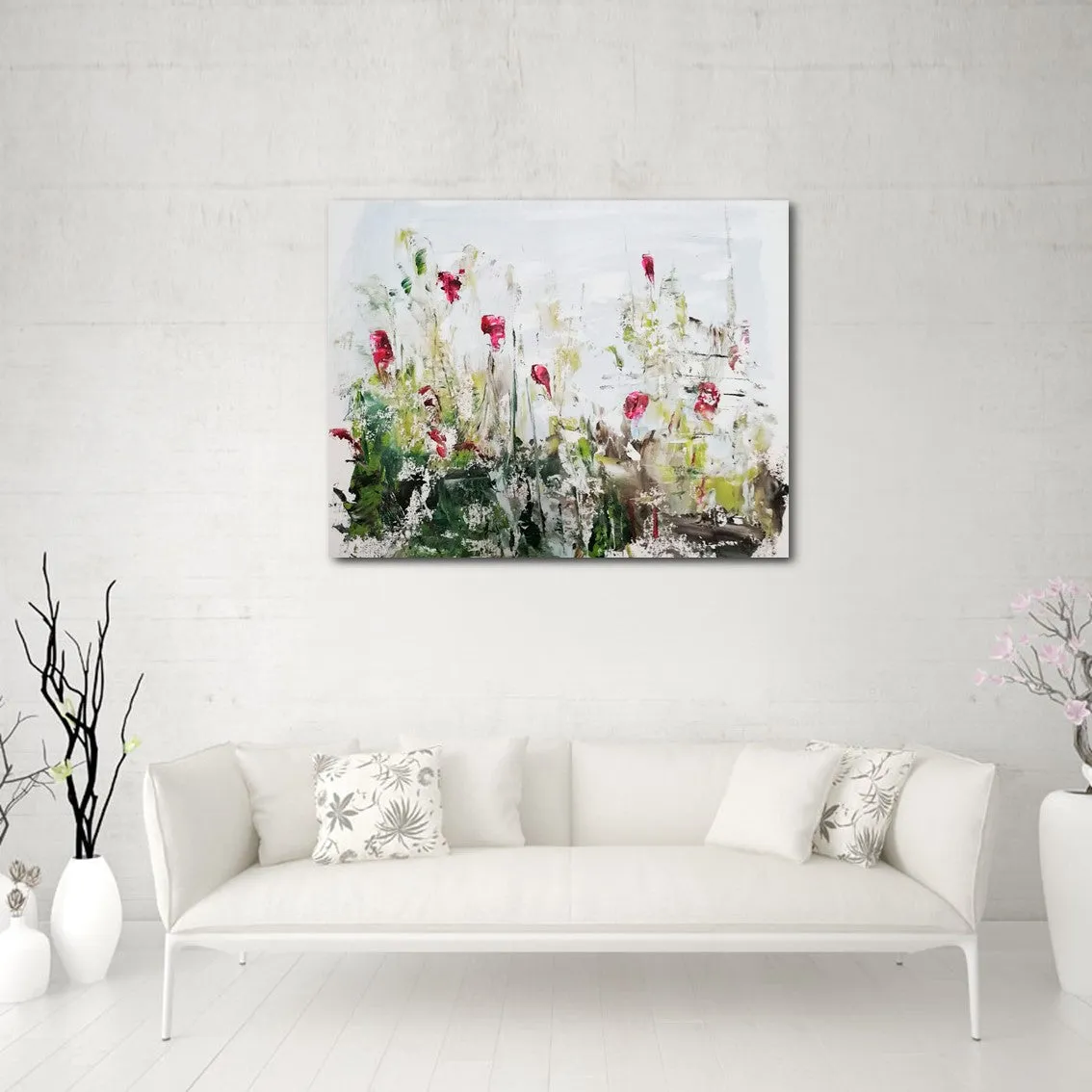 Framed horizontal pink & brown abstract floral wall art print