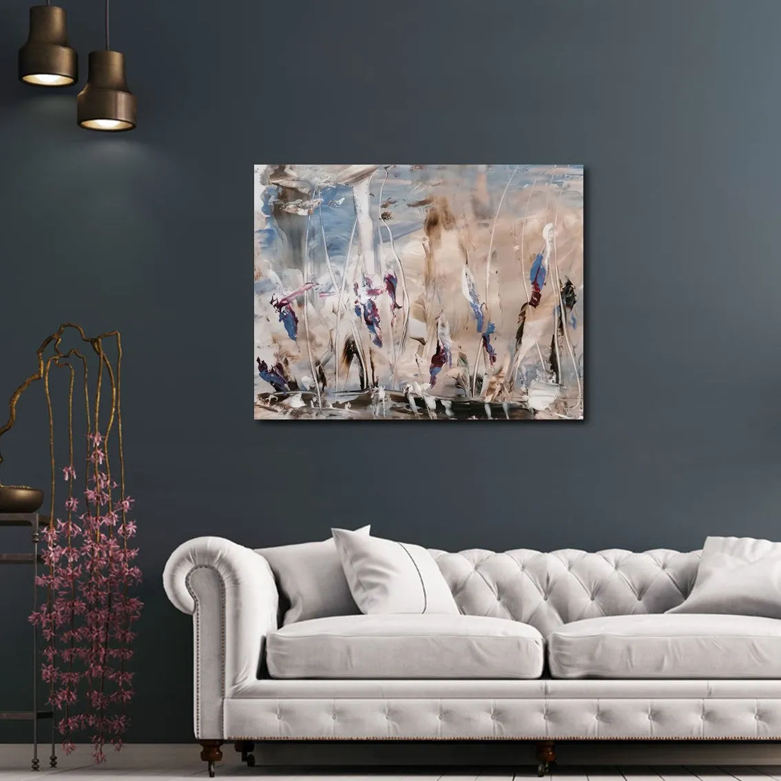 Framed horizontal purple & beige abstract floral wall art print