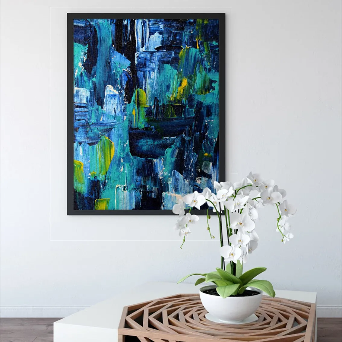 Framed vertical blue & white abstract wall art print