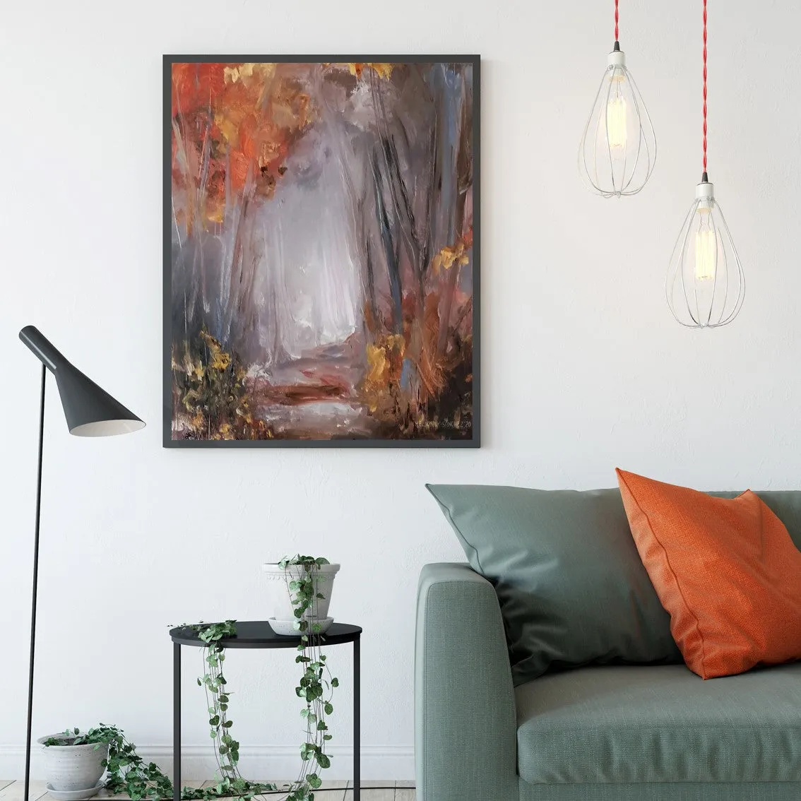 Framed vertical grey & orange abstract landscape wall art print