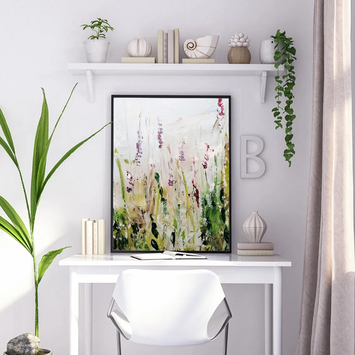 Framed vertical purple & green abstract floral wall art print