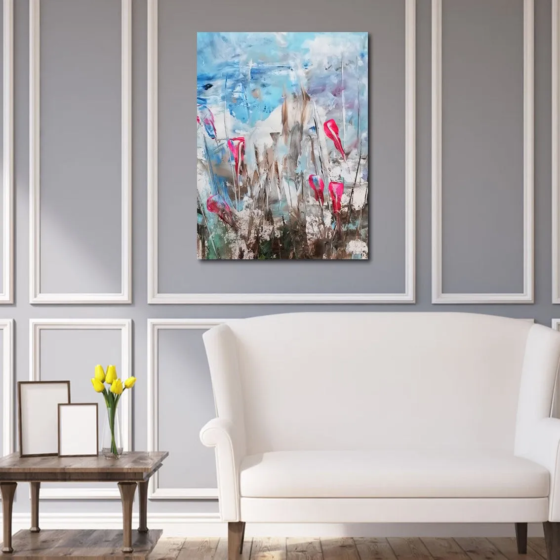 Framed vertical teal blue & lime green abstract floral wall art print