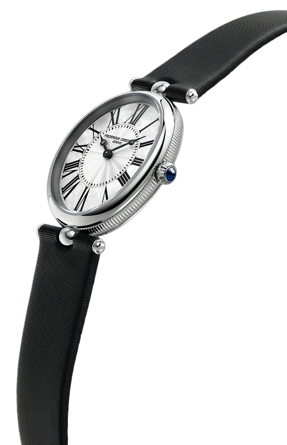 Frederique Constant Womens Quartz Watch - Classics Art Deco Style with Oval Stainless Steel Case, Black Satin Strap and Mother-of-Pearl Dial - FC-200MPW2V6