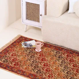 Handcrafted Kalamkari Print Cotton Rug with a Floral Design in Earth Tones