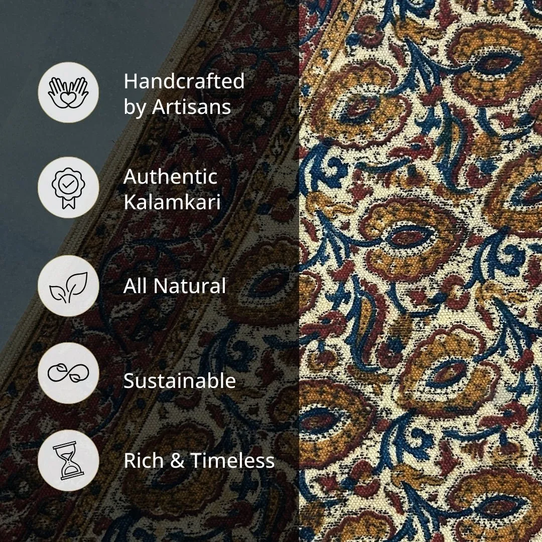 Handcrafted Kalamkari Print Cotton Rug with a Floral Design Ochre and Indigo