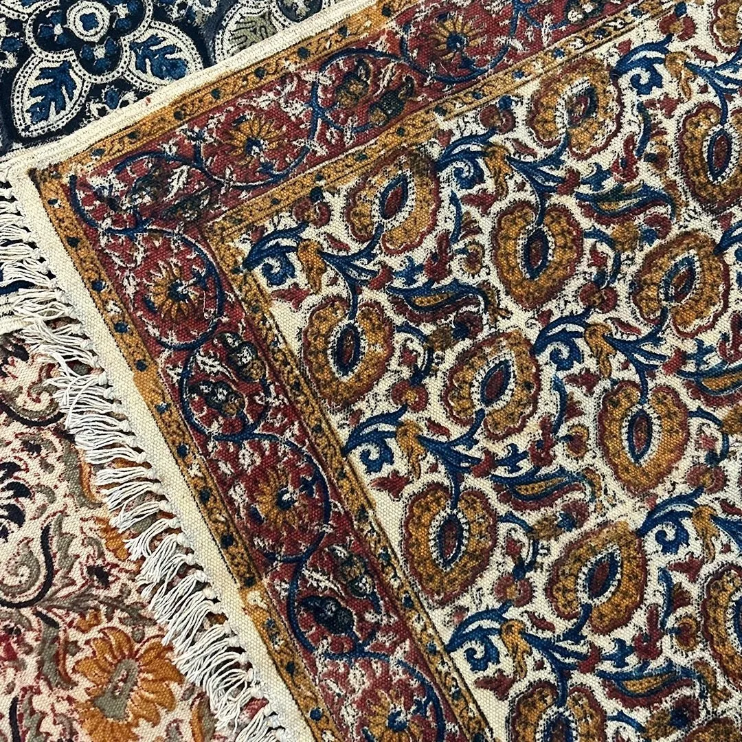 Handcrafted Kalamkari Print Cotton Rug with a Floral Design Ochre and Indigo