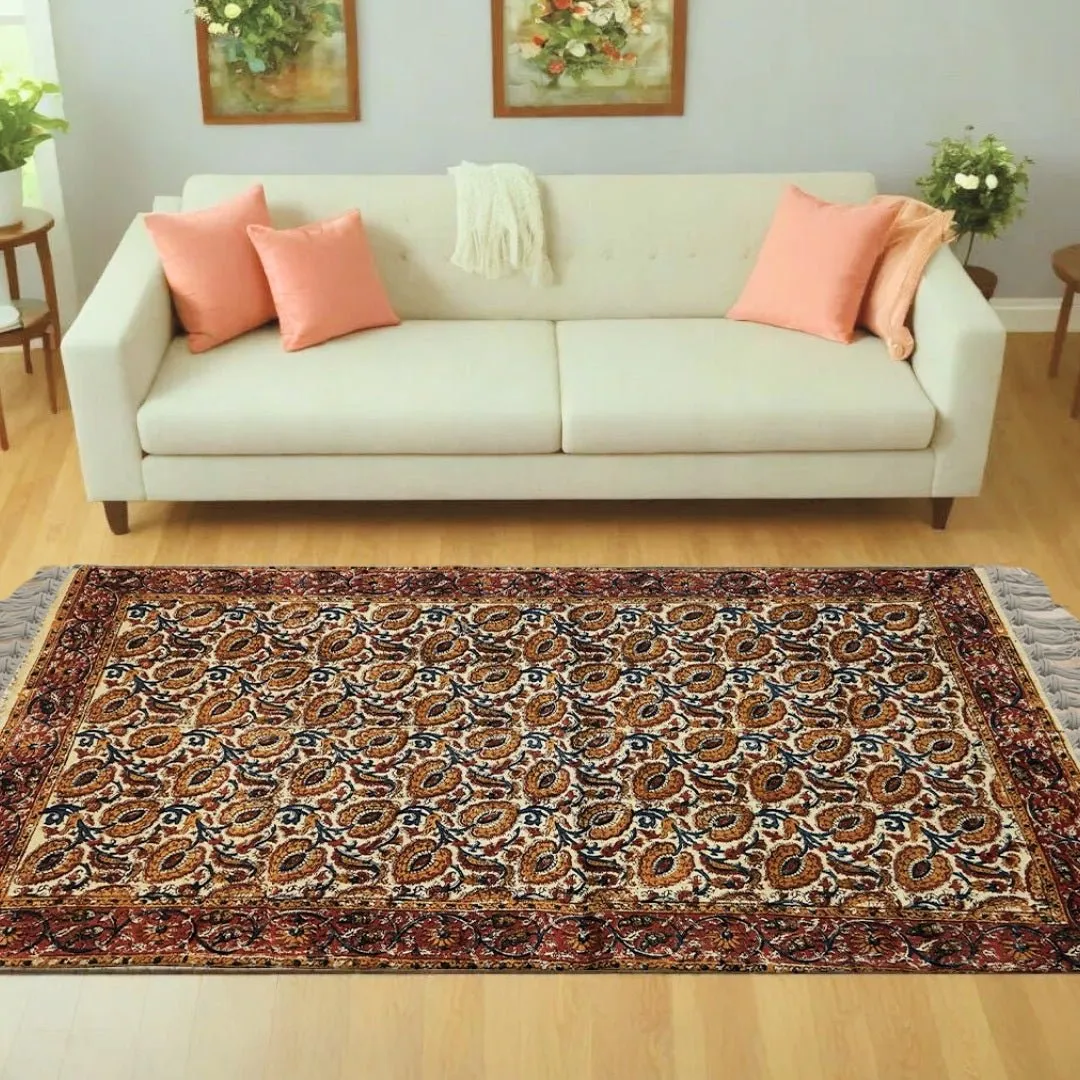 Handcrafted Kalamkari Print Cotton Rug with a Floral Design Ochre and Indigo