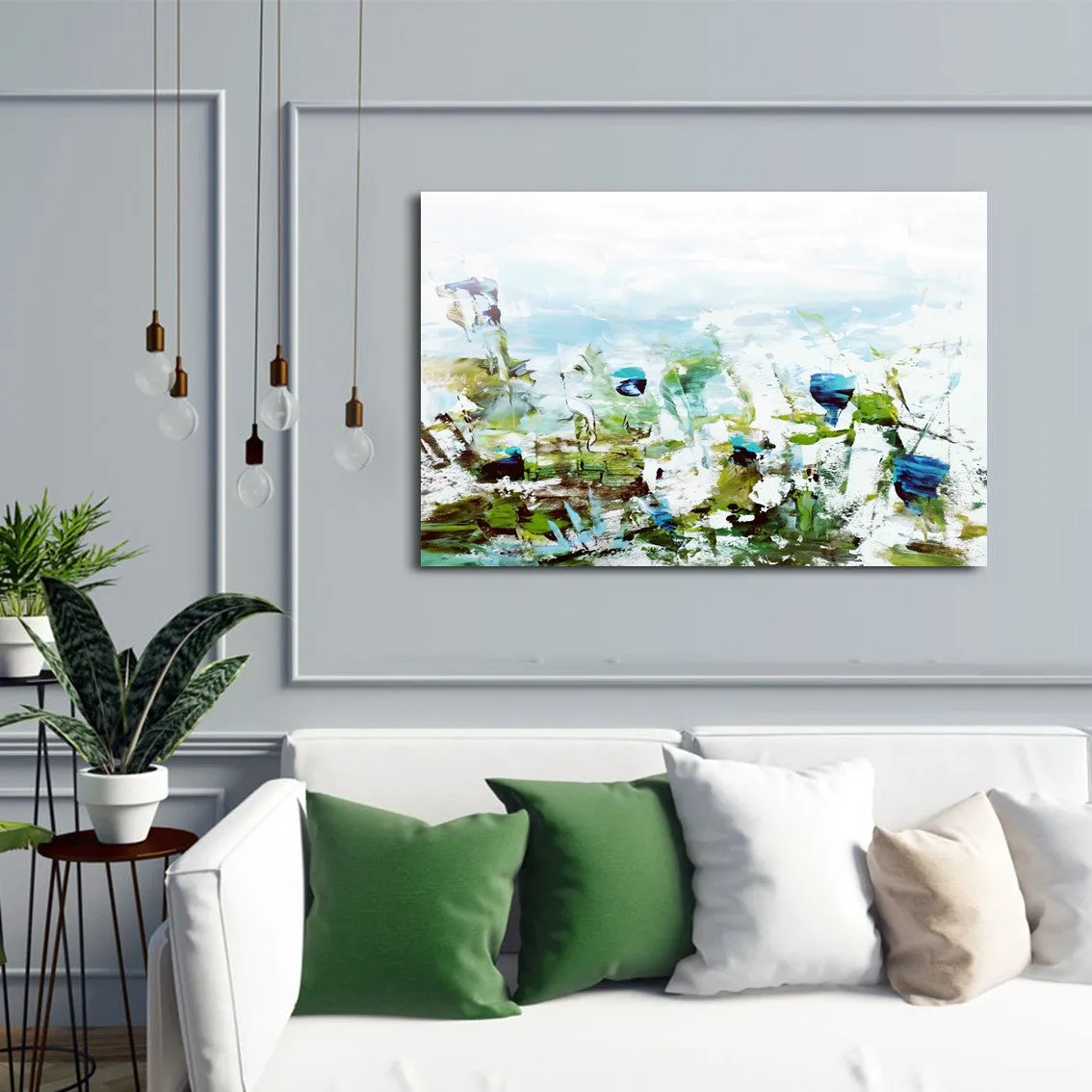 Horizontal blue & green abstract floral wall art print