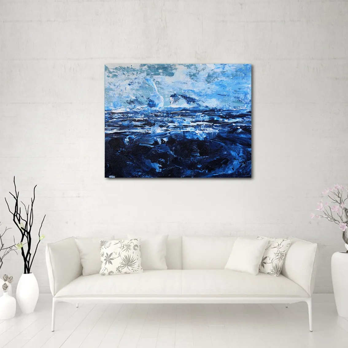 Horizontal deep blue & white abstract wall art print