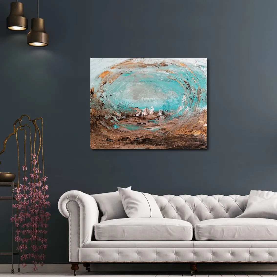 Horizontal pale blue & gold abstract wall art print