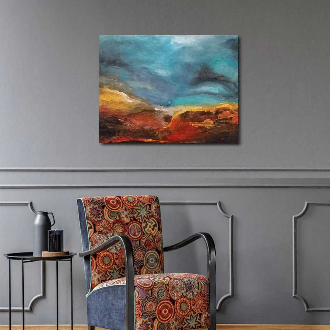 Horizontal sky blue & red abstract wall art print