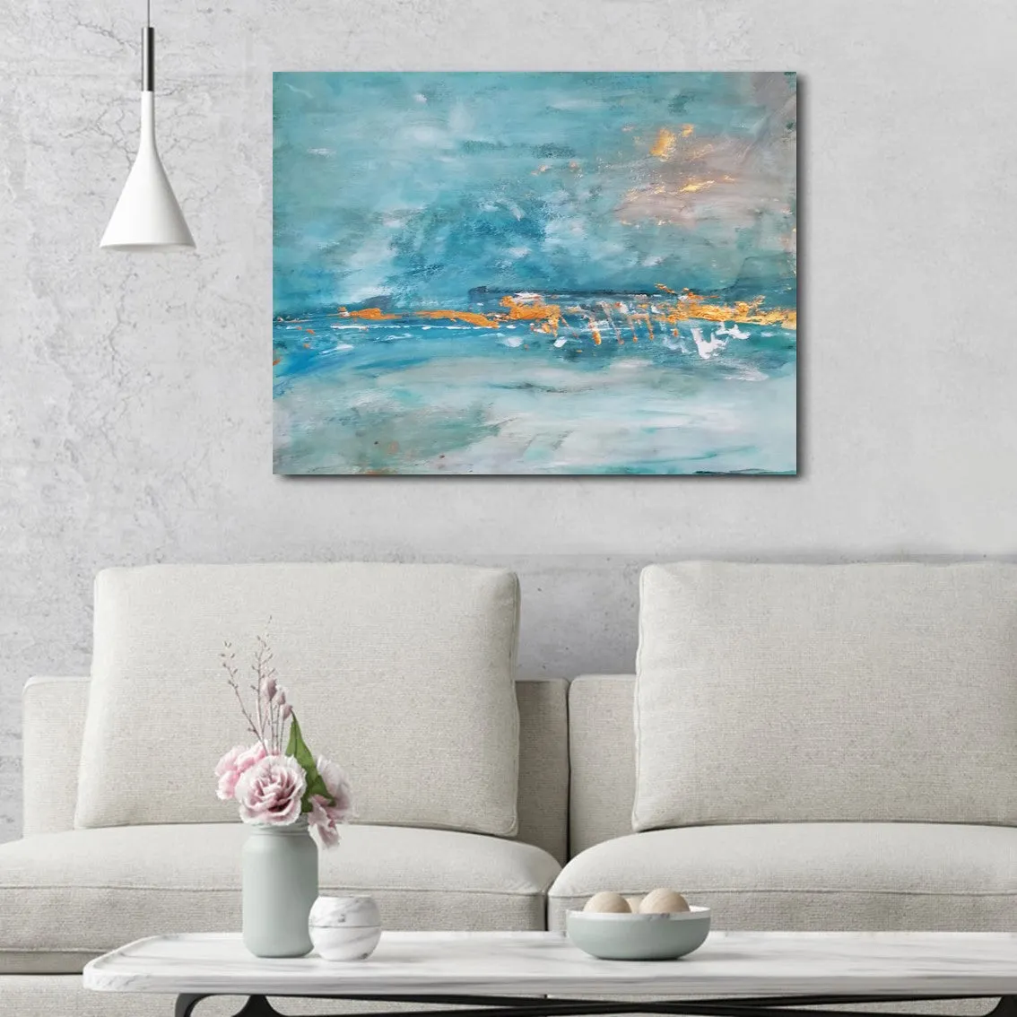 Horizontal teal blue & gold abstract seascape wall art print