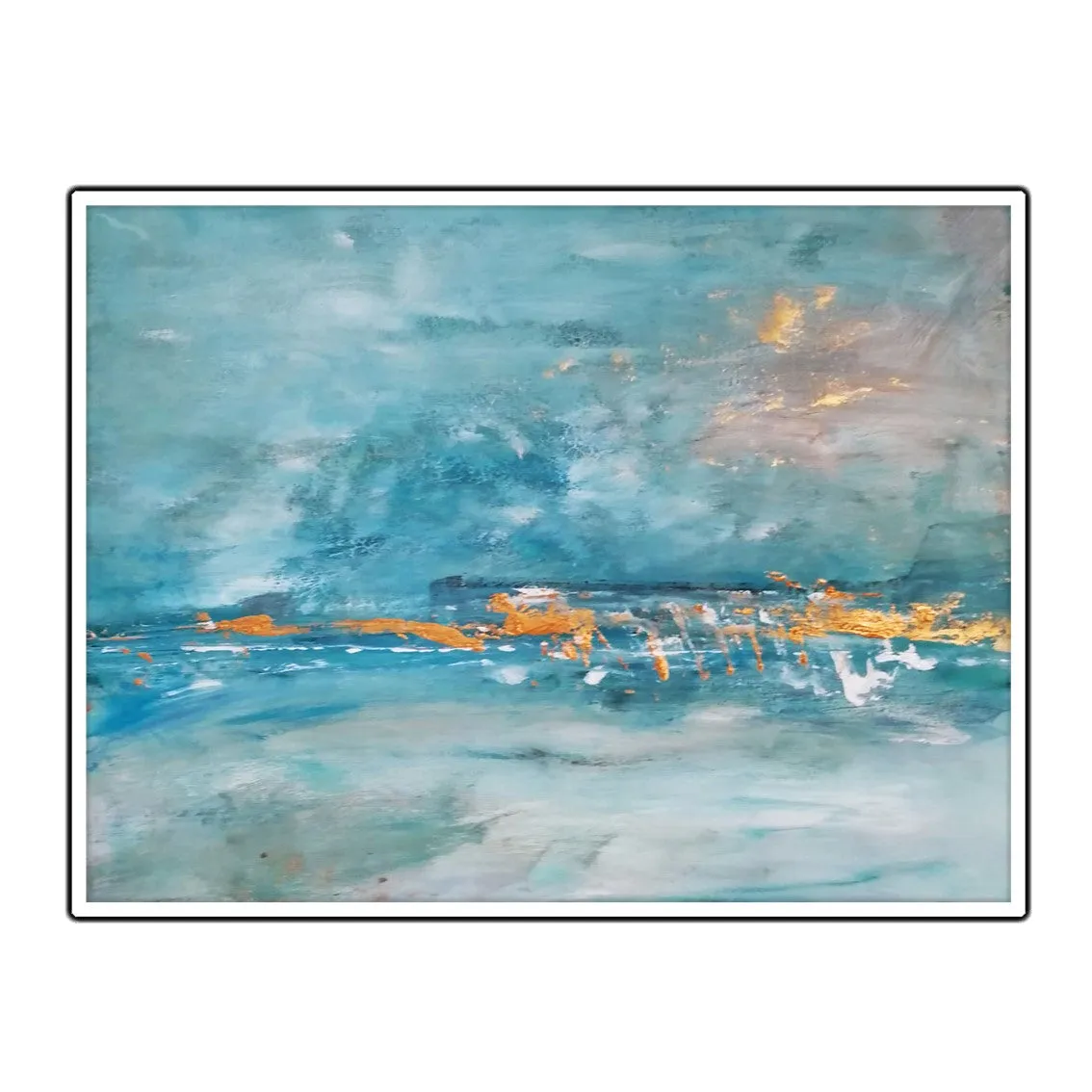Horizontal teal blue & gold abstract seascape wall art print