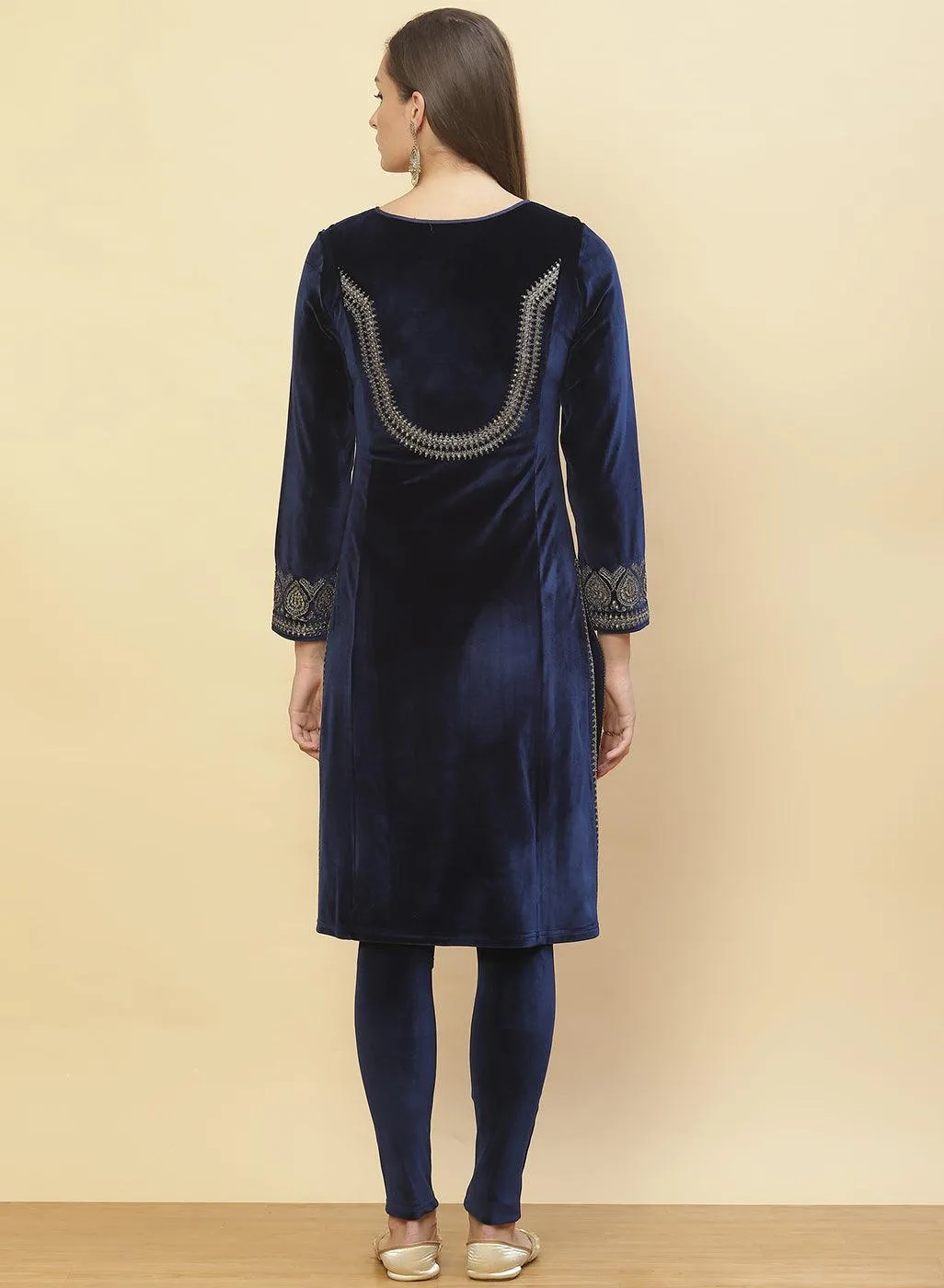Imperial Blue Embroidered Velvet Kurti