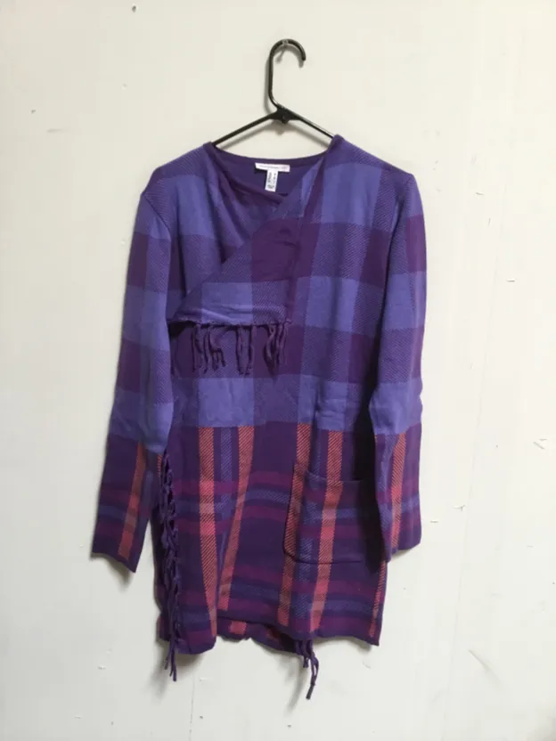 Isaac Mizrahi Live! Mixed Plaid Fringe Trim Open Front Cardigan Sweater