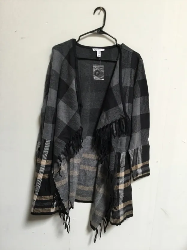 Isaac Mizrahi Live! Mixed Plaid Fringe Trim Open Front Cardigan Sweater