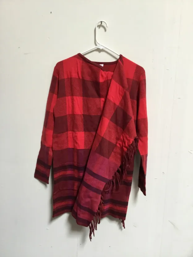 Isaac Mizrahi Live! Mixed Plaid Fringe Trim Open Front Cardigan Sweater