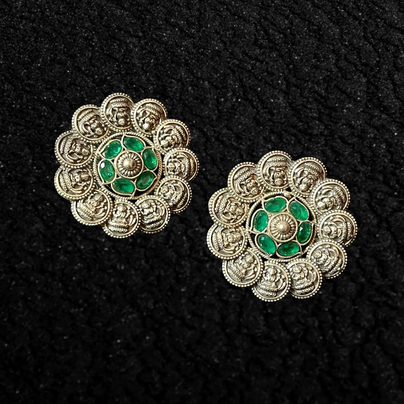 Lakshmi coin Green Oxidized German Silver Stud Earring