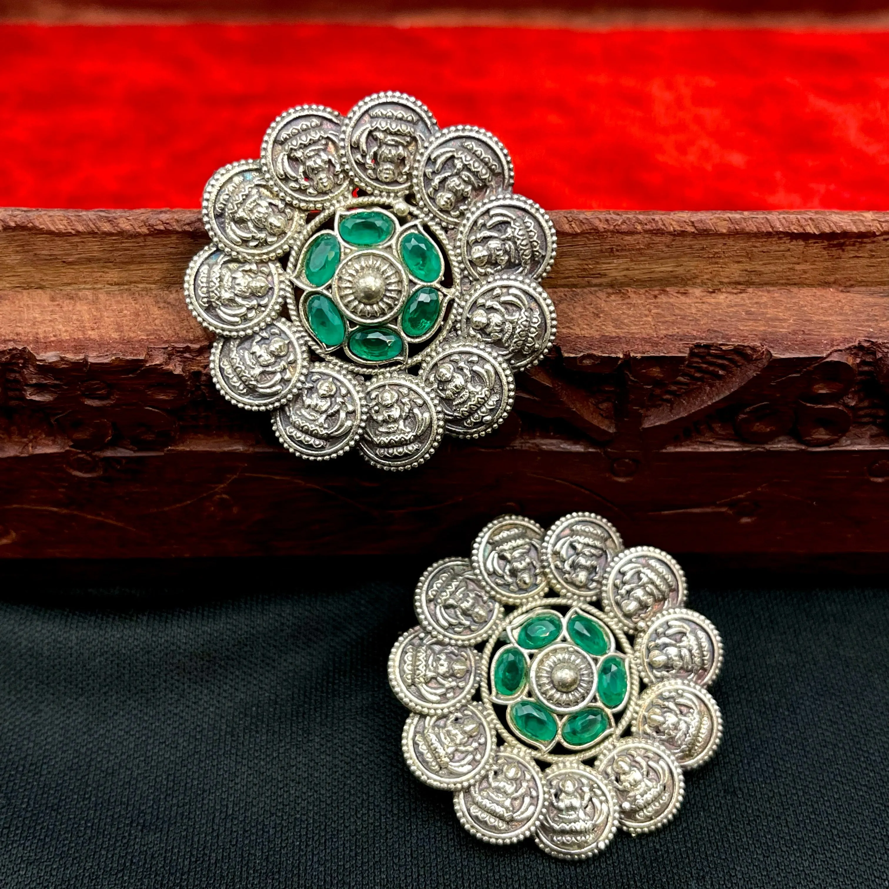 Lakshmi coin Green Oxidized German Silver Stud Earring
