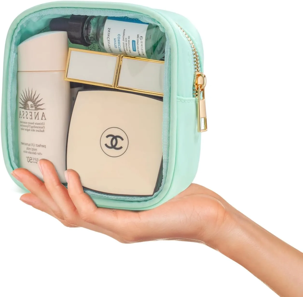 LETGO Small Clear Makeup Bag for Purse Small Cosmetic Bag Travel Size Toiletry Bags Cute Travel Makeup Bag,Coin Purse Pouch Easter Gifts for Teen Girls (Clear-Green)