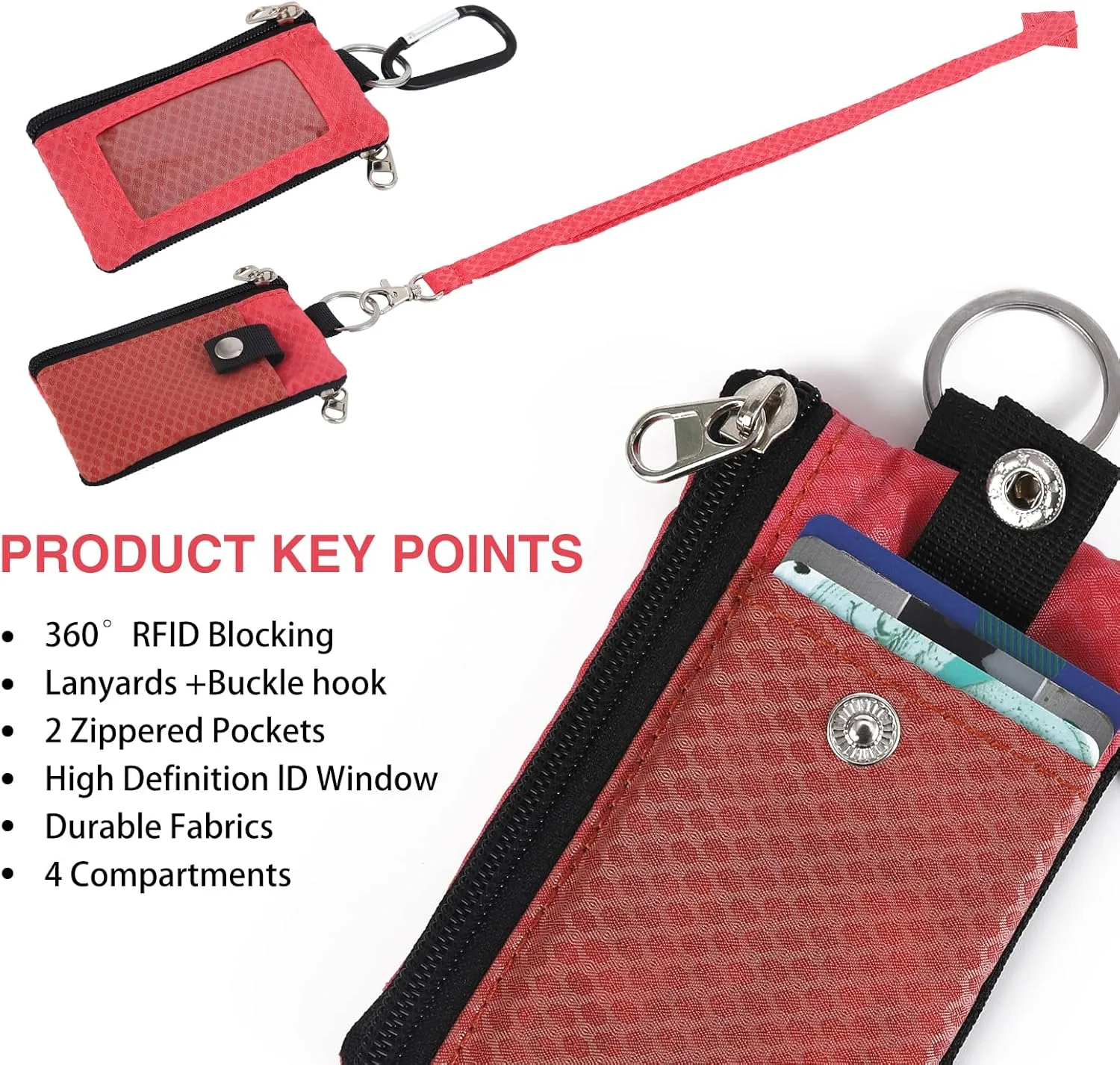 MASAPHlL Small Lanyard Wallet for Women/Men with RFID Blocking ID Badge Holder, Minimalist Nylon Zipper Pouch, Traval Neck Wallet with Keychain, ID Window for Card,Coin,Cash (Deep red Rose)