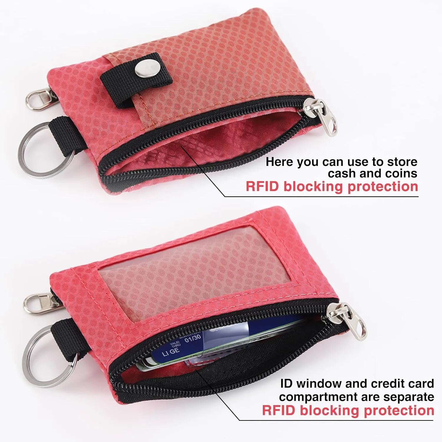 MASAPHlL Small Lanyard Wallet for Women/Men with RFID Blocking ID Badge Holder, Minimalist Nylon Zipper Pouch, Traval Neck Wallet with Keychain, ID Window for Card,Coin,Cash (Deep red Rose)