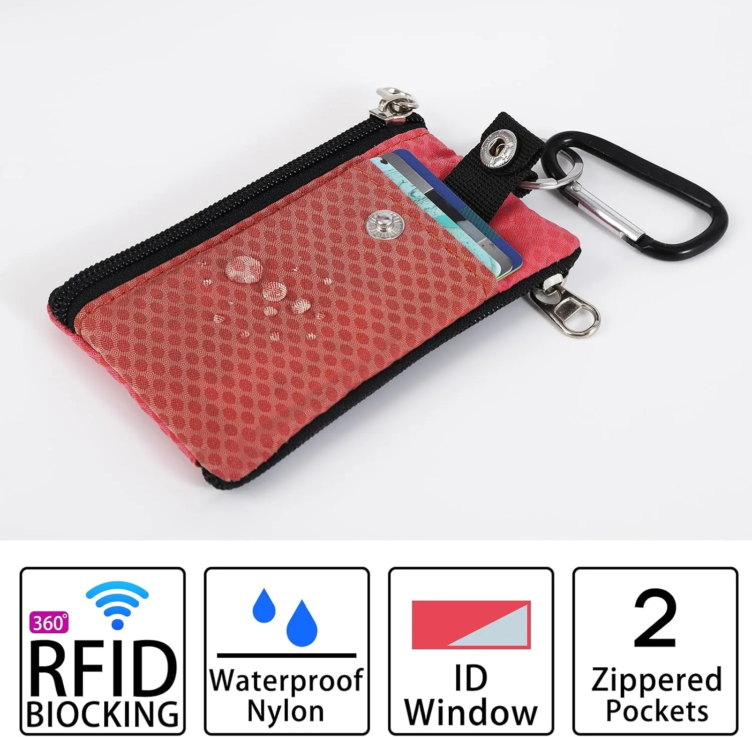 MASAPHlL Small Lanyard Wallet for Women/Men with RFID Blocking ID Badge Holder, Minimalist Nylon Zipper Pouch, Traval Neck Wallet with Keychain, ID Window for Card,Coin,Cash (Deep red Rose)