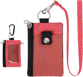 MASAPHlL Small Lanyard Wallet for Women/Men with RFID Blocking ID Badge Holder, Minimalist Nylon Zipper Pouch, Traval Neck Wallet with Keychain, ID Window for Card,Coin,Cash (Deep red Rose)