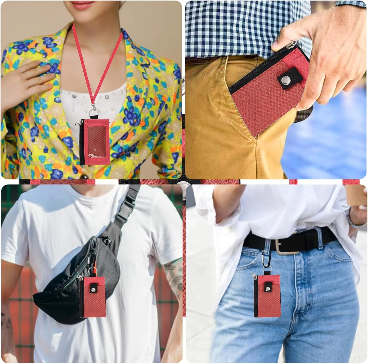 MASAPHlL Small Lanyard Wallet for Women/Men with RFID Blocking ID Badge Holder, Minimalist Nylon Zipper Pouch, Traval Neck Wallet with Keychain, ID Window for Card,Coin,Cash (Deep red Rose)