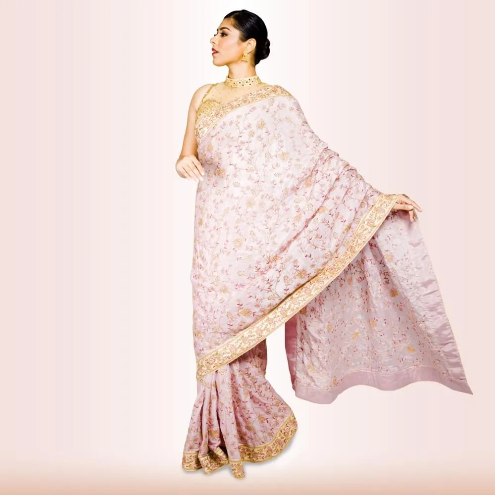 Mauve color Pure Crepe embroidered saree
