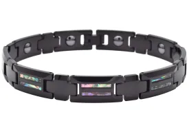 Mens Black Tungsten Link Bracelet With Opal Inlay