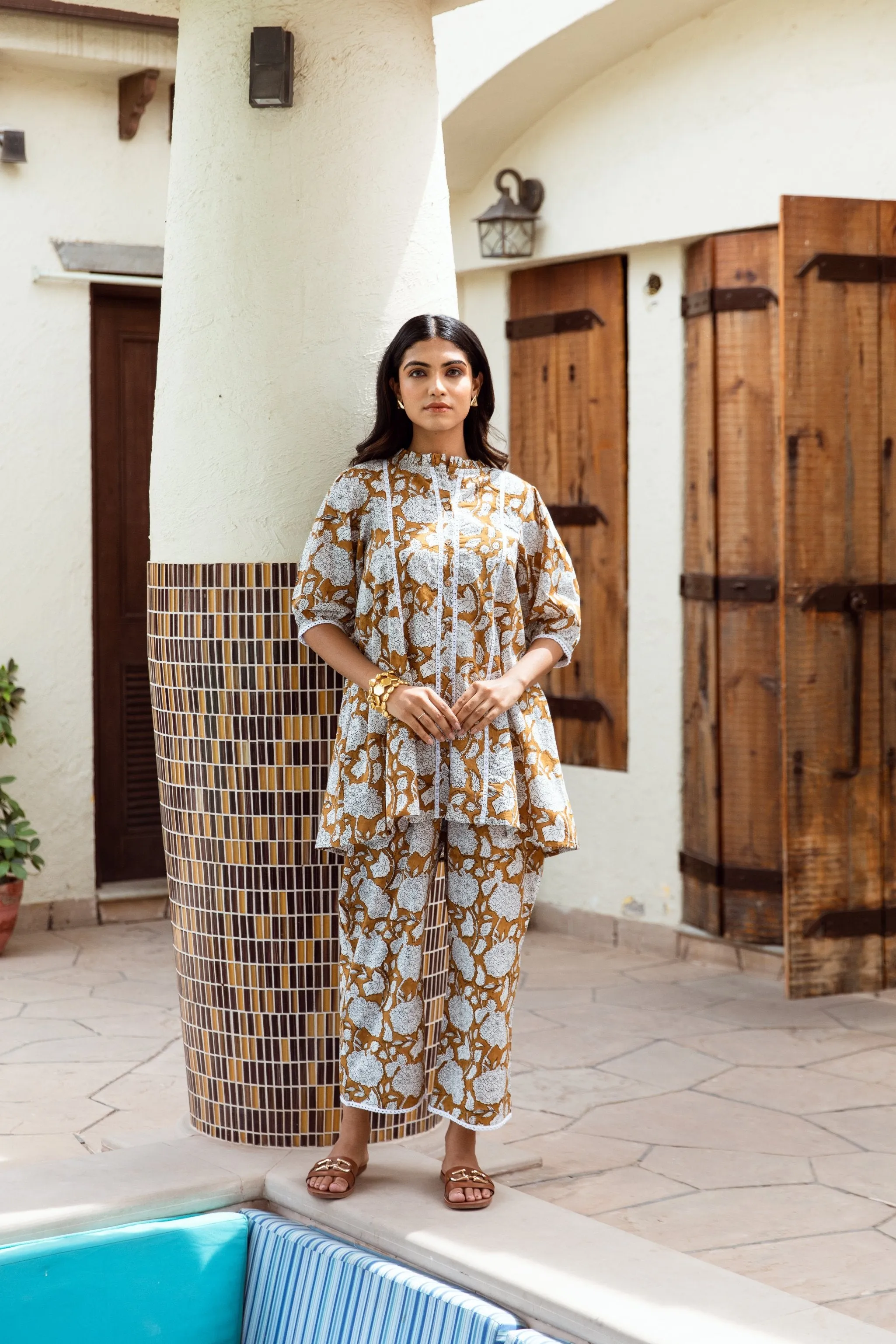 mustard yellow Handblock Jaal co-ord Set