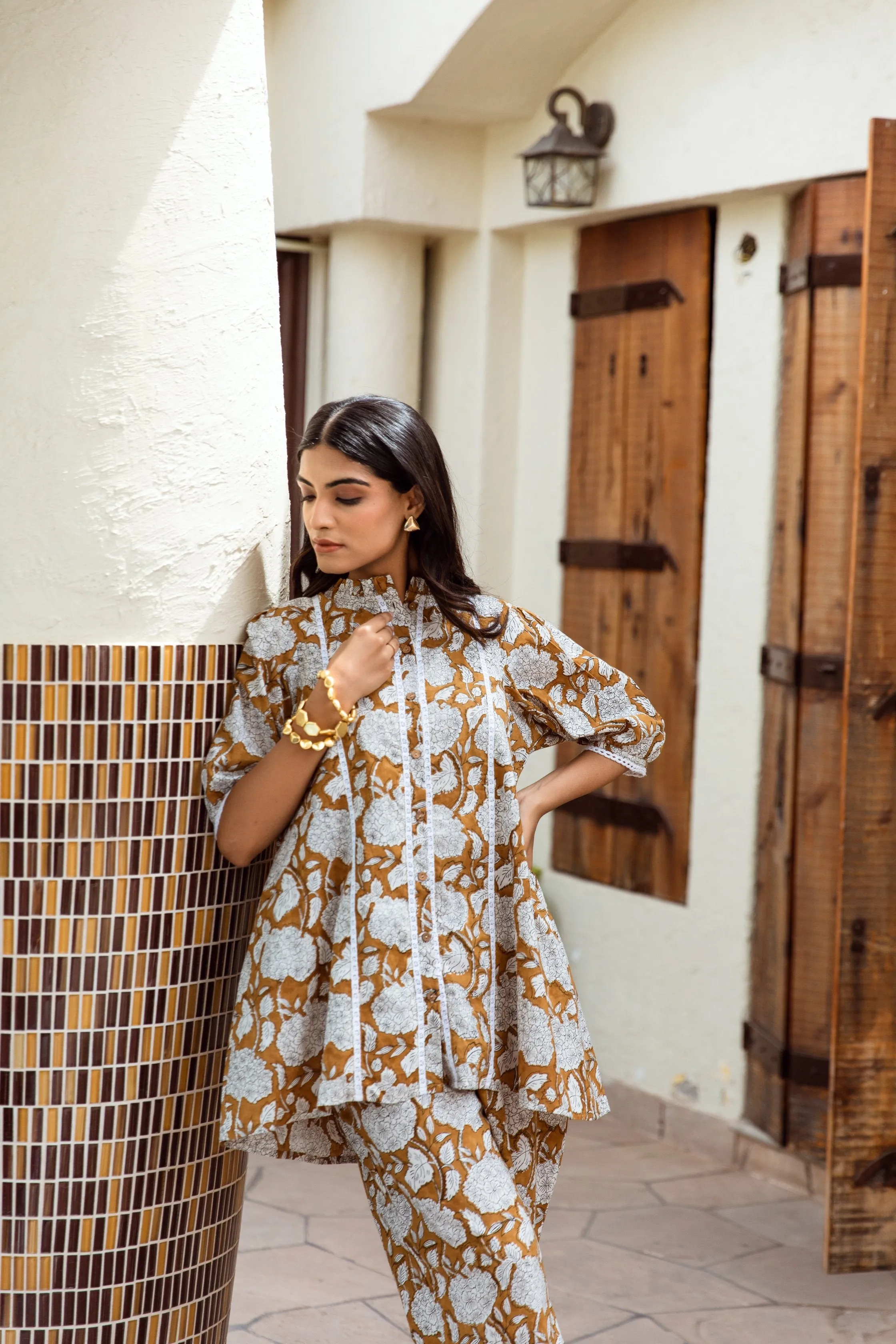 mustard yellow Handblock Jaal co-ord Set