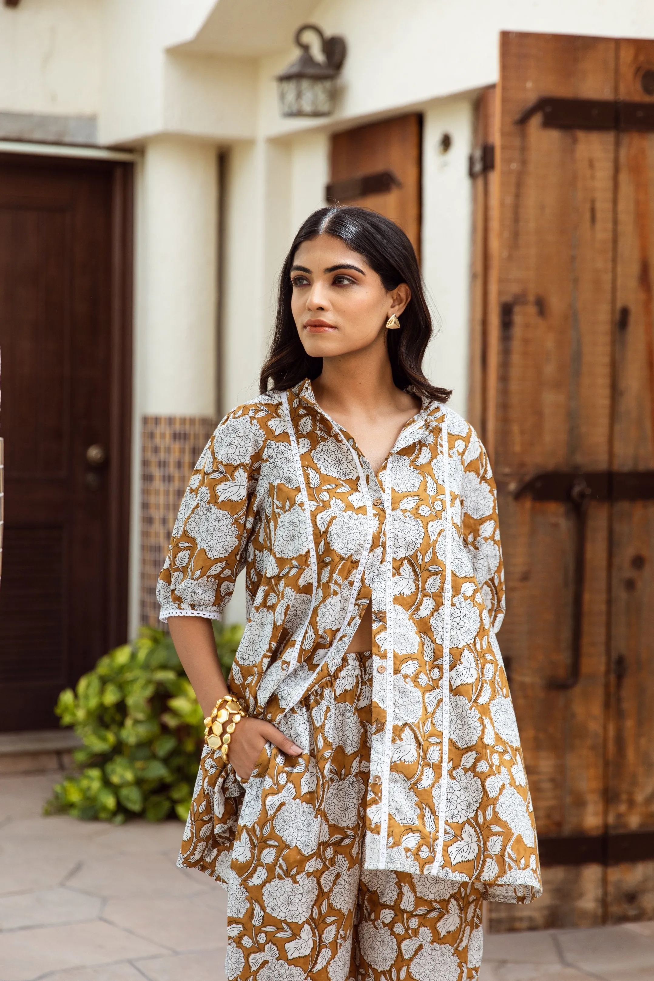mustard yellow Handblock Jaal co-ord Set