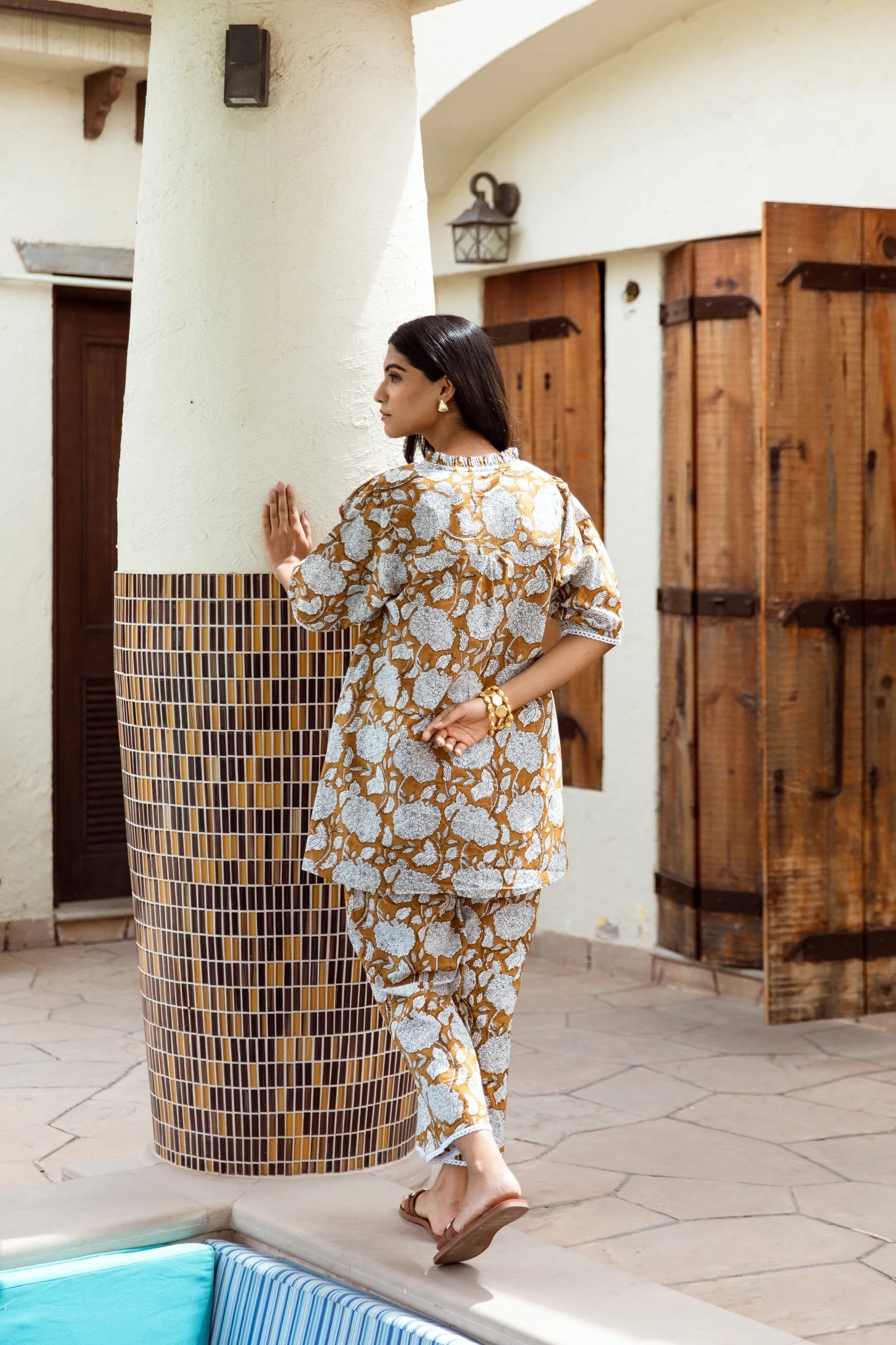 mustard yellow Handblock Jaal co-ord Set