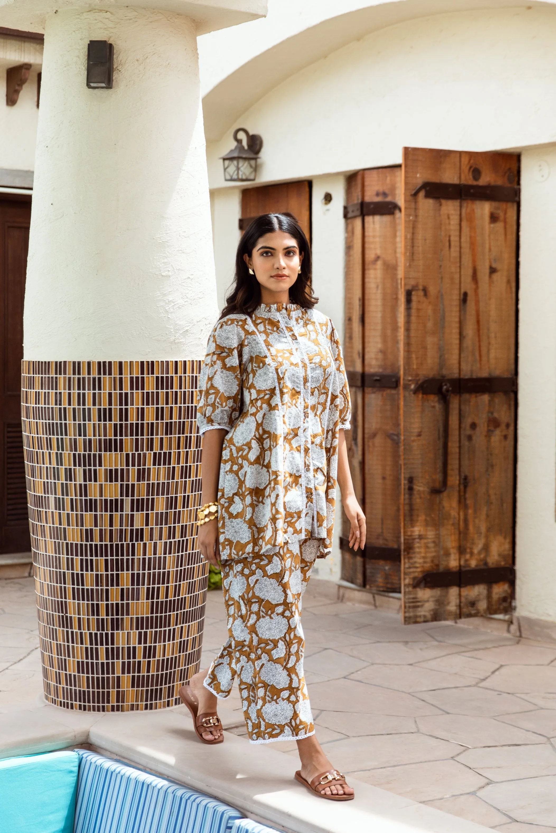 mustard yellow Handblock Jaal co-ord Set
