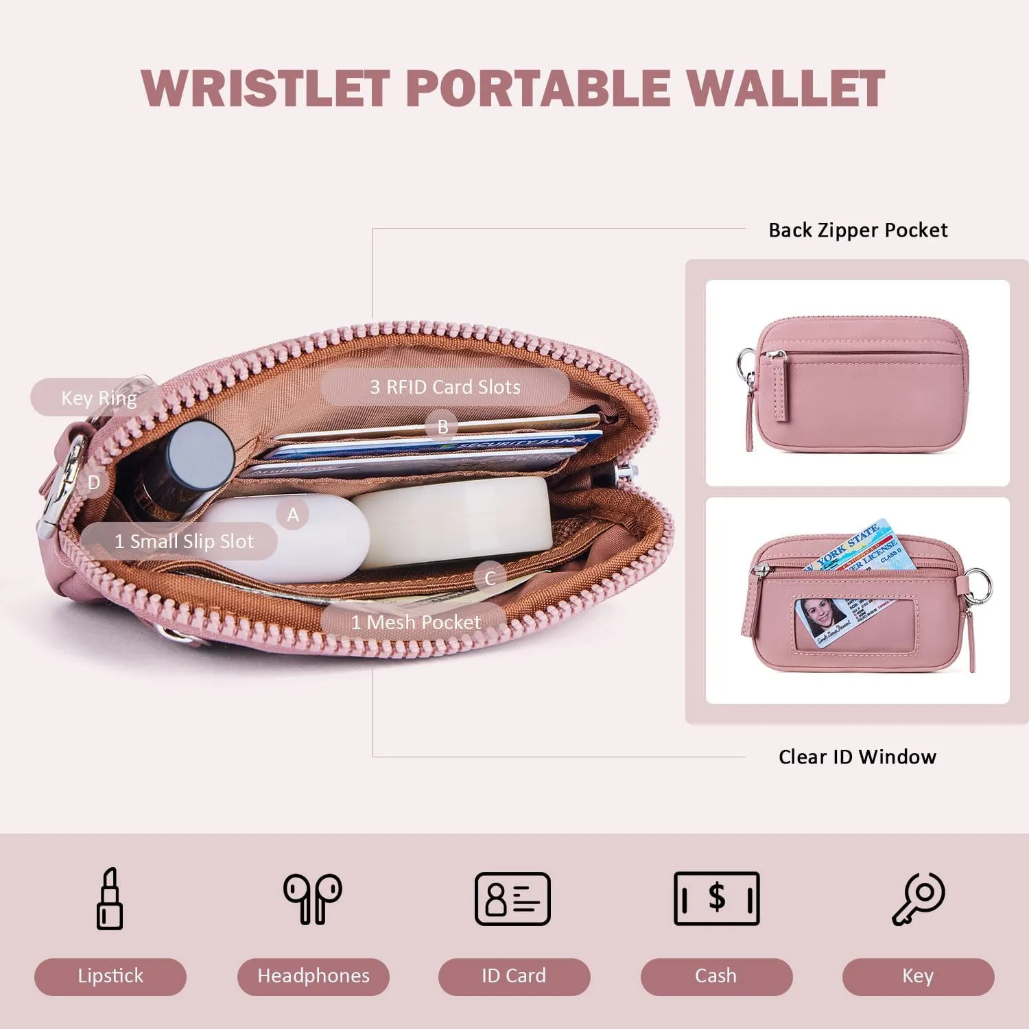 POIUGOYA Nylon Wristlet Wallets, Dual Pouch Keychain Wristlet Wallet, RFID Small Wallet With Coin Pouch,ID Window For Travel