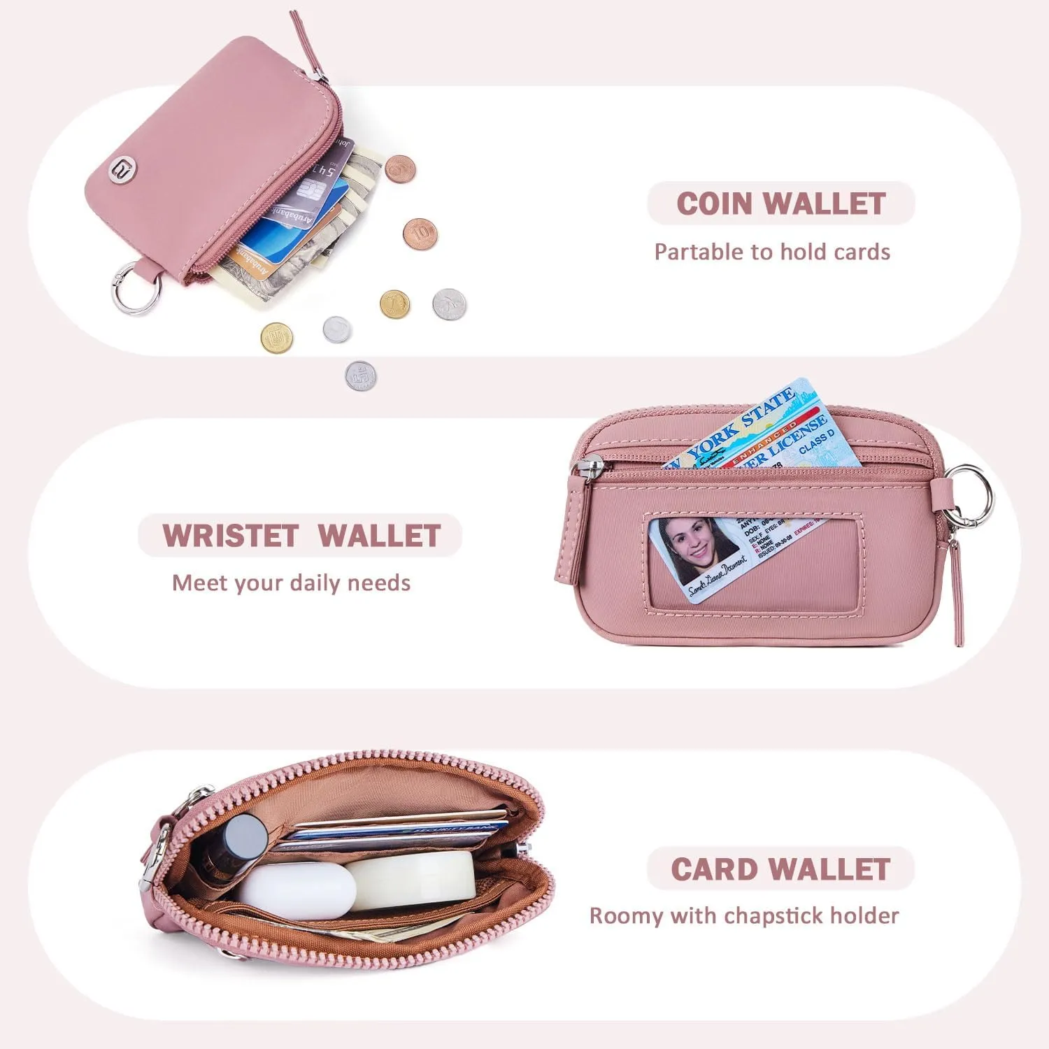 POIUGOYA Nylon Wristlet Wallets, Dual Pouch Keychain Wristlet Wallet, RFID Small Wallet With Coin Pouch,ID Window For Travel