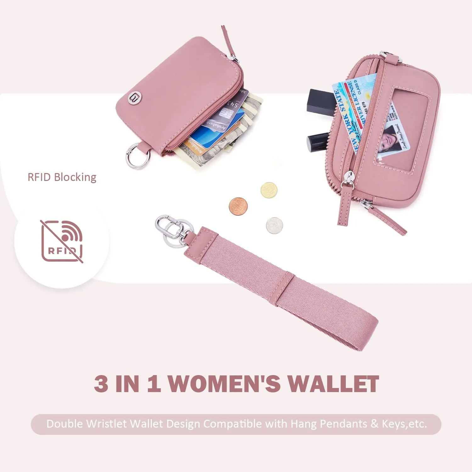 POIUGOYA Nylon Wristlet Wallets, Dual Pouch Keychain Wristlet Wallet, RFID Small Wallet With Coin Pouch,ID Window For Travel